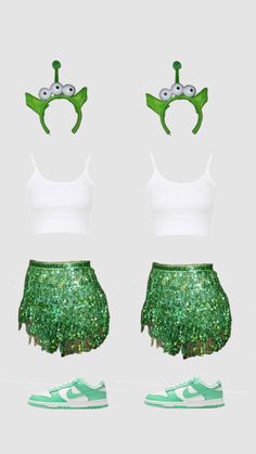 two pieces of clothing with green sequins on the bottom and one piece in white top