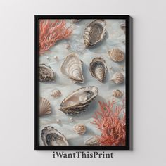 an image of seashells and corals on the beach with i want this print