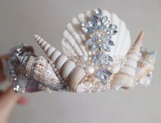 a close up of a person's hand holding seashells and other sea shells