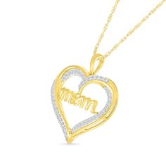 Make Mom's day extra special with this sparkling diamond heart pendant in gold-plated silver. Crafted in sterling silver with 14K gold plate Diamond-lined and polished ribbons create the heart-shaped outline. The word "mom" shines in a cursive font across the center. This 1/5 ct. t.w. diamond pendant suspends along an 18.0-inch rope chain that secures with a spring-ring clasp. Mother's Day Anniversary Jewelry With Diamond Accents, Diamond Accented Jewelry For Anniversary On Mother's Day, Yellow Gold Jewelry With Heart Pendant And Hallmarks, Elegant Heart Cut Jewelry With Hallmarks, Anniversary Jewelry For Mother's Day With Diamond Cut, Anniversary Diamond Cut Jewelry For Mother's Day, Mother's Day Anniversary Diamond Cut Jewelry, Gold Diamond Jewelry For Valentine's Day, Gold Jewelry With Diamond Accents For Valentine's Day