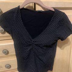 Great Condition Comfy Soft Style Blouse Ladies Small Size Trendy Polka Dot V-neck Top, Trendy Polka Dot Short Sleeve Tops, Trendy Short Sleeve Tops With Polka Dot Pattern, Fitted Polka Dot Top With Short Sleeves, Fitted Polka Dot Tops With Short Sleeves, Indie Hipster, Comfy Winter, Grey Crop Top, Denim Crop Top