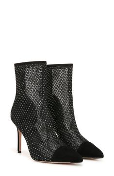 Shimmering crystals highlight the airy mesh of a pointy-toe bootie accented with smooth suede. 3 3/4" heel 5 1/2" shaft Back zip closure Leather and textile upper/leather lining and sole Imported High Heel Mesh Boots For Party, High Heel Mesh Party Boots, Rhinestone Boots Outfit, Black Rhinestone Boots, Rhinestone Boots, Poppy Delevingne, Black Friday Shopping, Black Rhinestone, Veronica Beard