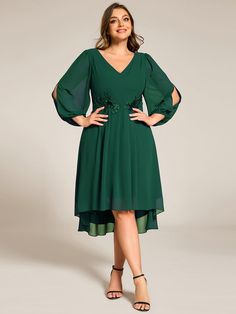 Plus Size Flowy Long Sleeves V-Neck Waist Applique Midi Chiffon Wedding Guest Dress #color_Dark Green Formal Occasion Dress, Stylish Fall Outfits, Wedding Guest Looks, Ever Pretty, Affordable Dresses, Sophisticated Dress, Women Wedding Guest Dresses, Hoco Dresses, Chiffon Fabric