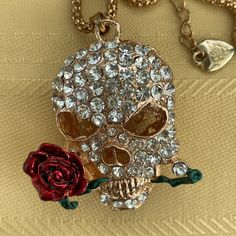 Brand New With Tags Betsey Johnson Beautiful Sugar Skull Pendant Necklace With Clear Rhinestones And A Red Enamel Rose Long And Sturdy Chain Necklace Only This One Available Shipping Promptly From A Clean Healthy Vapor Smoke And Pet Free Home Dreamy Jewelry, Rose Pendant Necklace, Cherry Necklace, Betsey Johnson Necklace, Skull Pendant Necklace, Crystal Perfume Bottles, Rhinestone Statement Necklace, Bling Necklace, Bottle Charms