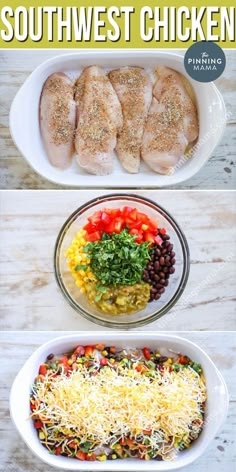 the ingredients for southwest chicken are shown in separate bowls