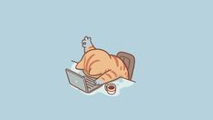 an orange cat laying on top of a laptop computer next to a cup of coffee