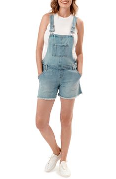 Hints of distressing give down-home character to these laid-back shortalls that'll have you looking cute and comfy throughout the trimesters. 32 1/2" inseam Adjustable buckle straps; side button closures 99% cotton, 1% elastane Machine wash, dry flat Imported Pale Blue, Austin, Nordstrom, Buckle, Size Medium, Blue