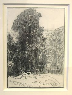 a black and white drawing of a tree in the snow, with trees behind it