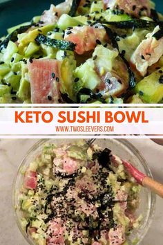 two pictures with different types of sushi bowls and the words keto sushi bowl