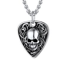 PRICES MAY VARY. 🎸 💀 Creative Guitar Pick Pendant with Skull, rock and punk jewelry for men and women. Necklace Material : surgical Stainless Steel made, robust, easy to maintain and lasting color, lead free, nickel free, hypoallergenic ! polished finish rope chain and textured pendant front. Dimension : Guitar Pick measures 1.45" x 1" /35 x 26mm, 6mm thick ; Chain width 3mm, length 22"+2 inches extension link. Necklace weight 27 grams. Punk Rock Necklace for dad, husband, biker, boyfriend on Punk Style Metal Necklace With Skull Print, Punk Style Engraved Metal Jewelry, Engraved Punk Style Metal Jewelry, Punk Metal Necklace With Skull Print, Punk Stainless Steel Jewelry For Bikers, Punk Stainless Steel Jewelry For Biker Events, Punk Style Stainless Steel Jewelry For Biker Events, Engraved Metal Punk Jewelry, Nickel-free Punk Jewelry