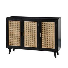 Dario 3-Door Accent Cabinet - Hulala Home Rattan Cabinet, Accent Storage Cabinet, Contemporary Door, Wide Sideboard, Door Accent, Accent Storage, Black Dining Room, Accent Doors, Cabinet Making