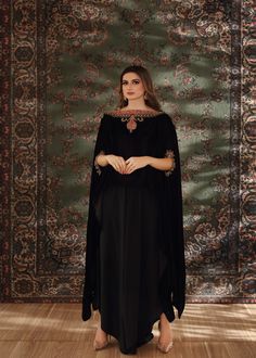 Black velvet cape style top handworked with dabka, tilla and zardozi on the neckline and sleeves. Paired with black flared pants to complete the chic look. Black Flare Pants, Astoria Ny, Velvet Cape, Cape Style, Black Flare, Flared Pants, Chic Look, The Chic, Flare Pants