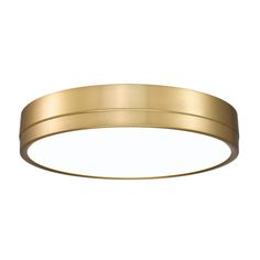 a round light fixture with a gold finish on an isolated white background, the lighting is dimming