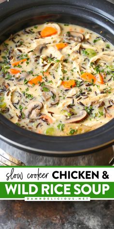 Yummy comfort food in the crockpot! There's nothing like a bowl of this homemade soup with chicken and rice. Creamy with hearty veggies, this chicken and wild rice soup recipe in the slow cooker is a perfect fall dinner idea! Chicken Mushroom Wild Rice Soup, Mushroom Soup Crockpot, Chicken Mushroom Wild Rice, Wild Rice Soup Crockpot, Wild Rice Soup Slow Cooker, Mushroom Wild Rice Soup, Mushroom Wild Rice, Chicken And Wild Rice Soup, Wild Rice Soup Recipes