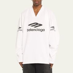 Balenciaga jersey ski shirt with reflective effect artwork Designed to be worn over outerwear pieces V-Neck 3B sports icon artwork printed at front, back and sleeves Long sleeves Pullover style Polyester Dry clean Made in Portugal Balenciaga Jersey, Ski Shirt, Ski Shirts, Sport Icon, Balenciaga Mens, Long Sleeve Pullover, Pullover Styling, Balenciaga, Skiing