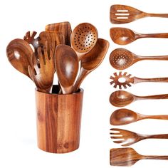 wooden utensils and spoons are arranged in a cup