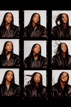 multiple pictures of a woman in black leather jacket with her hair blowing in the wind