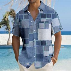 Category:Shirt; Season:Summer; Fabric:Polyester; Sleeve Length:Short Sleeve; Look After Me:Machine wash; Gender:Men's; Style:Hawaiian,Resort; Tops Type:Printed Shirts; Occasion:Outdoor,Business / Ceremony / Wedding; Fit Type:Regular Fit; Pattern:Geometric Pattern,Geometric,Color Block; Design:Print,Button-Down; Neckline:Turndown; Brand:OUKU; Listing Date:07/11/2024 Light Blue Shirt With Pockets For Summer, Light Blue Summer Shirt With Pockets, Light Blue Summer Vacation Shirt, Light Blue Summer Shirt With Button Closure, Casual Beach Patchwork Top, Light Blue Patchwork Top For Summer, Light Blue Summer Top With Patchwork, Blue Patchwork Tops For The Beach, Blue Patchwork Top For Beach