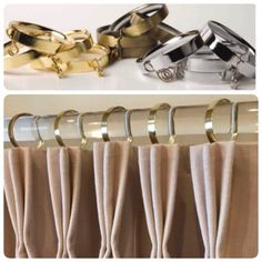 three different types of curtains with gold and silver rings hanging from the curtain rods