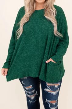 Hunter Green Round Neck Long Sleeves Pocket Knit Top Green Knitted Fall Tops, Green Knit Top For Winter, Winter Green Knit Top, Green Long Sleeve Knit Top For Fall, Green Knit Sweater Solid Color, Green Knitted Top For Fall, Green Cozy Knit Tops, Cozy Green Knit Top, Green Knit Top For Winter Layering