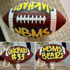 three different views of a football with the words v b m s on it