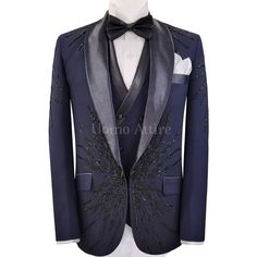 Custom tailored navy blue embellished tuxedo 3 piece suit for groom | Wedding suit for groom Royal Blue Tuxedo Suit For Party, Royal Blue Notch Lapel Suits For Party, Luxury Three-piece Suit For Party, Royal Blue Tuxedo Blazer For Party, Tailored Royal Blue Party Suit, Elegant Royal Blue Tuxedo With Suit Collar, Royal Blue Tailored Party Suit, Blue Tuxedo Three-piece Suit For Party, Royal Blue Tuxedo With Suit Collar For Wedding