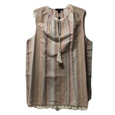 Tommy Hilfiger Top Women M Stripped Linen Sleeveless Crew Tassel Closure Beige | eBay Casual Sleeveless Top With Tassel Ties, Sleeveless Tops With Tassel Ties For Spring, Sleeveless Tassel Vest For Spring, Casual Fringe Tank Top For Vacation, Spring Sleeveless Top With Tassels, Basic Cotton Tops By Tommy Hilfiger, Sleeveless Summer Vest With Tassels, Spring Sleeveless Vest With Tassels, Tommy Hilfiger Striped Tops For Summer