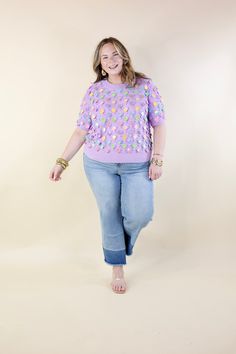 Indulge in the festive spirit with our 'Eggcellent Style' Queen of Sparkles sweater. Showcasing delightful short sleeves and a lively display of colorful Easter eggs, this sweater brings joy to any occasion. Available in sizes XS to 2XL, it's a playful addition to your spring wardrobe Models: Abby is wearing a size large. Size Suggestions and Measurements: XS: 0-2 | Bust: 19 inches across the front | Length: 18 inches Small: 4-6 | Bust: 21 inches across the front | Length: 19 inches Medium: 8-10 Multicolor Short Sleeve Knit Top For Spring, Trendy Multicolor Short Sleeve Knit Top, Multicolor Short Sleeve Sweater, Spring Knit Sweater With Short Sleeves, Multicolor Knit Short Sleeve Sweater, Multicolor Short Sleeve Knit Sweater, Multicolor Knit Sweater With Short Sleeves, Playful Multicolor Knit Tops, Fun Multicolor Spring Sweater