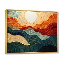 an abstract painting with wavy lines and a sun in the sky above it on a white wall