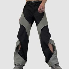 Material: 90-95% PolyesterFeatures: Pants. cargo pants. wide legs. irregular hollow out design. slightly stretchy. zipper front. color contrast. straight-leg. relaxed fit. unisex. couple outfits.Style: Casual. college. streetwear Mens Formal Aesthetic, Futuristic Clothing Aesthetic, Retro Futuristic Outfit, Going To A Concert Outfit, Baggy Pants Reference, Futuristic Pants, Futuristic Fashion Aesthetic, Customized Pants, Y2k Techwear