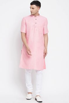 Buy Men's Pure Cotton Solid Long Kurta in Light Pink Long Kurta, Light Pink Tops, Cotton Kurta, Band Collar, Pink Top, Top Fabric, Pink Fabric, Mandarin Collar, Clearance Sale