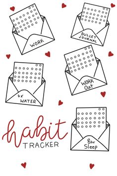 some envelopes with hearts on them and the words habitt tracker written in red ink