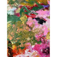 an abstract painting with many different colors and sizes on it, including pink, green, yellow