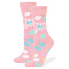 Happy Easter Women's Crew Socks Pink Playful Pink Socks For Gifts, Playful Pink Socks For Gift, Fun Pink Socks For Stocking Stuffers, Funny Multicolor Socks For Gifts, Funny Multicolor Socks For Gift, Pink Novelty Socks For Gift, Pink Comfortable Socks For Gift, Comfortable Pink Socks As A Gift, Comfortable Pink Socks For Gifts