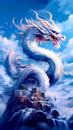 a white dragon sitting on top of a mountain