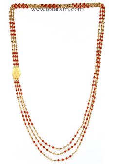 22 Karat Gold "3 Lines - Lakshmi" Long Necklace with Corals  / Coral Mala - 235-GN5402 - in 39.150 Grams for USD $3,378.26 USD. 
Made in India by Totaram Jewelers Online this product is in Gold - 22 Karat BIS Hallmark 916 Gold  & is an excellent gift for Adult - Women. Ships fully insured with secured guaranteed delivery for free with your order over $250 from New Jersey USA & comes with 30 days exchange policy. Coral Gold Chain Designs, Coral Necklace Indian Gold, Coral Jewelry Indian Gold, Coral Necklace Designs, Coral Mala, Kerala Jewellery, Simple Necklace Designs, 22k Gold Necklace, Diamond Earrings Design