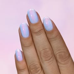 Glass Nail Polish, Periwinkle Glitter Nails, Irridescent Nails Blue, Light Blue White Nails, Cotton Candy Chrome Nails, Icy Blue Chrome Nails, Periwinkle Chrome Nails, Cute Nail Designs Almond, Duck Egg Blue Nails