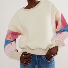 Popular Sold Out Fp Tricia Fix Crew Sweatshirt Patchwork Heart, Free People Sweaters, Free People Sweater, Crew Sweatshirts, Knit Cuff, Boho Clothing, Shoulder Sleeve, Boho Outfits, Pullover Styling