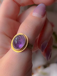 Superb Vintage Egyptian Revival Amethyst Scarab Ring Luxury Amethyst Cabochon Ring For Formal Occasions, Luxury Formal Cabochon Amethyst Ring, Luxury Formal Amethyst Cabochon Ring, Luxury Purple Cabochon Amethyst Ring, Luxury Purple Amethyst Cabochon Ring, Formal Fine Jewelry Signet Ring With Cabochon, Formal Cabochon Amethyst Ring Fine Jewelry, Luxury Cabochon Signet Ring For Formal Occasions, Formal Cabochon Signet Ring