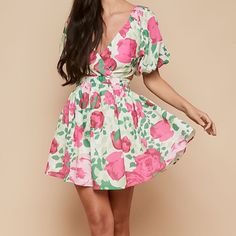 Brand New, Never Worn. Be Bold And Stand Out In This Secret Garden Mini Dress! Featuring A Beautiful And Bright Floral Pattern, Short Puffed Sleeves, Deep V-Neckline, Ruched Waist Detail With Cut Outs And The Cutest Tieback. Summer V-neck Dress With Rose Print, Summer Floral Dress With Rose Print For Garden Party, Spring V-neck Floral Dress With Rose Print, Spring Floral V-neck Dress With Rose Print, Spring V-neck Mini Dress With Rose Print, Spring Summer Dress With Rose Print, V-neck Rose Print Dress For Garden Party, Spring Summer Rose Print Dress, V-neck Dresses With Rose Print For Garden Party