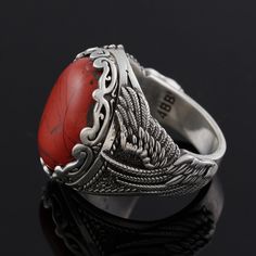 925k Red Jasper Patterned Silver Ring for men , wing pattern Charm Gemstone jewelry , Gift For Him , Gift For Boyfriend .  Red Jasper Gemstone Meaning : Jasper is regarded as a gemstone that gives a sense of well-being, intensifying that feeling. Red jasper has been used as a stone of protection for thousands of years. It is believed this jasper has an ability to create and help balance aggressive, dynamic energy. ✔𝐖𝐞 𝐜𝐚𝐧 𝐦𝐚𝐤𝐞 𝐜𝐮𝐬𝐭𝐨𝐦 𝐚𝐝𝐣𝐮𝐬𝐭𝐦𝐞𝐧𝐭 𝐟𝐨𝐫 𝐲𝐨𝐮𝐫 𝐟𝐢𝐧𝐠𝐞 Nature-inspired Red Rings For Gifts, Nature-inspired Red Rings As Gifts, Adjustable Red Nature-inspired Jewelry, Red Nature-inspired Jewelry For Gifts, Wing Pattern, Silver Ring For Men, Red Meaning, Red Jasper Stone, Beautiful Symbols