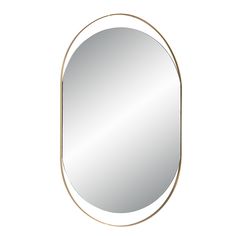 an oval mirror with a gold frame on a white background, it is shown in the shape of a half circle