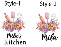 the names of two kitchen utensils with flowers on them