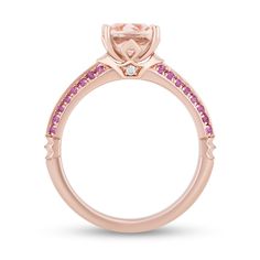 Collector’s Edition Enchanted Disney Sleeping Beauty 65th Anniversary Morganite Engagement Ring in 14K Rose Gold | Zales Disney Princess Engagement Rings, Disney Engagement Rings, Pink Sapphire Engagement Ring, Anniversary Design, Pink Sapphire Engagement, Enchanted Disney, Pink Sapphire Ring Engagement, 65th Anniversary, Floral Halo