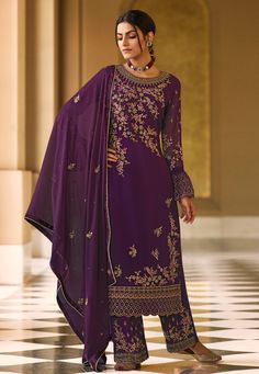 Buy Indian Party wedding wear salwar Purple georgette palazzo suit 526 online in USA, UK and Canada from KollyBollyEthnics.com Purple Colour Suit, Anarkali Lehenga Gowns, Purple Dupatta, Dupatta Dress, Wedding Pants, Eid Dress, Suit Pakistani, Anarkali Lehenga, Weddings Receptions