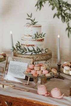 a table topped with lots of cakes and desserts