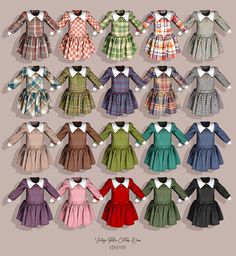 many different dresses are arranged in rows on a gray background, with the same color and pattern