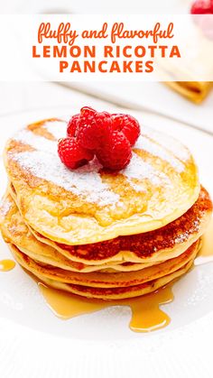 fluffy and flavorful lemon ricotta pancakes with fresh raspberries on the top