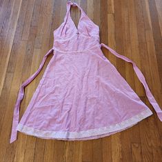 Large Rock-Steady Halter Top. The Bottom Lace Has Suttle Skulls. Beautiful Dress. One Of A Kind. Never Worn. Pink Cotton Halter Neck Dress, Fitted Pink Cotton Dress, Rock Dresses, White Halter Dress, Rock Steady, Thrift Finds, Beautiful Dress, Pink And White, Halter Top