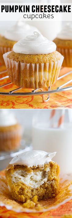 pumpkin cheesecake cupcakes with cream cheese frosting on top are shown here